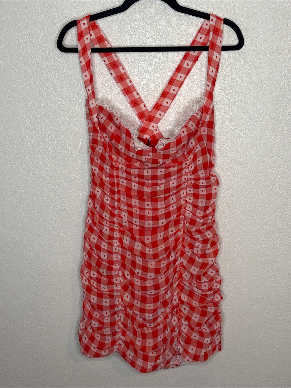 Cider Red & White Gingham Check Lace Trimmed Retro Ruched Mini Dress Size XL - Picture 2 of 8